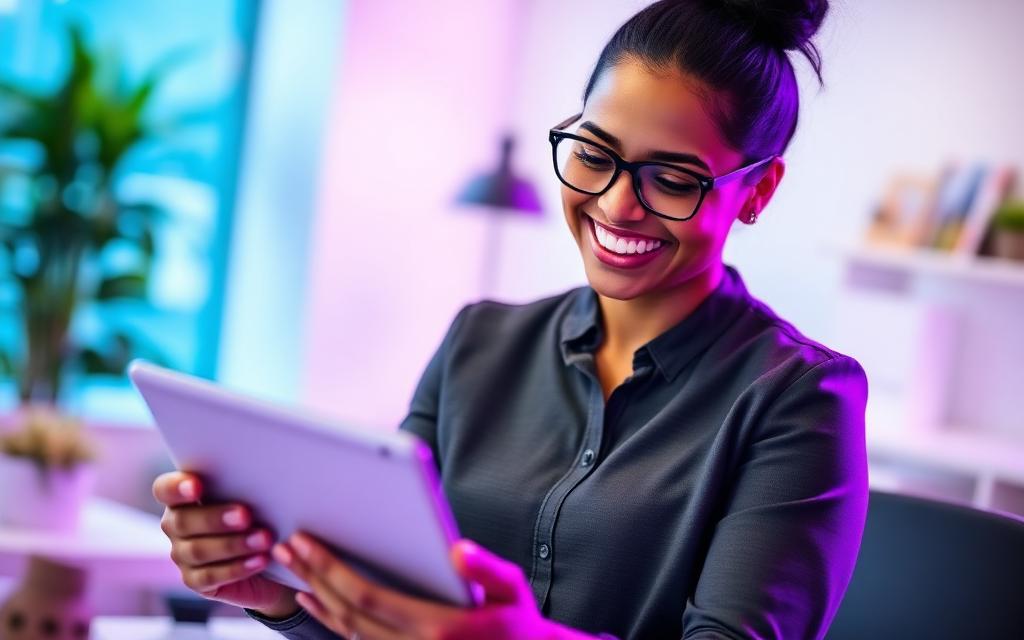 Happy professional reviewing a feedback report on a tablet