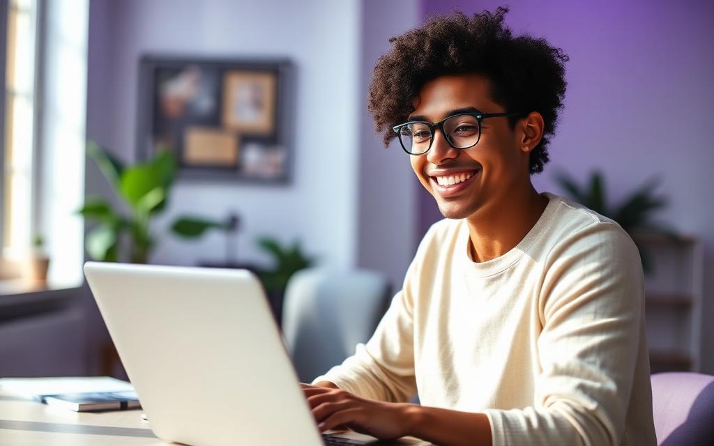 Smiling learner choosing an assessment pack on a laptop